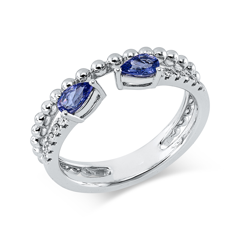 Ring 14 kt WG, 10 Brill. 0,11 ct, W-si, 2 Tansanit 0,42 ct blau