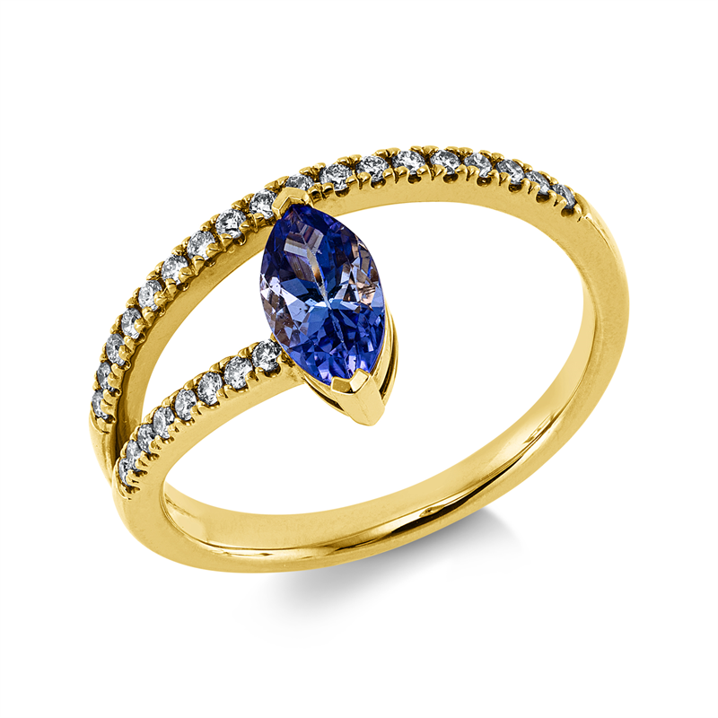 Ring 14 kt GG, 26 Brill. 0,19 ct, W-si, 1 Tansanit 0,64 ct blau