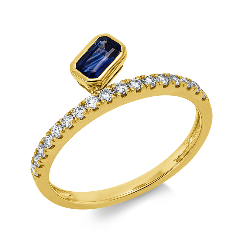 Ring 14 kt GG, 17 Brill. 0,24 ct, W-si/pi, 1 Saphir 0,31 ct blau