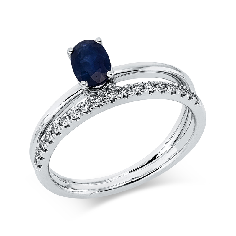Ring 14 kt WG, 18 Brill. 0,16 ct, W-si, 1 Saphir 0,61 ct blau