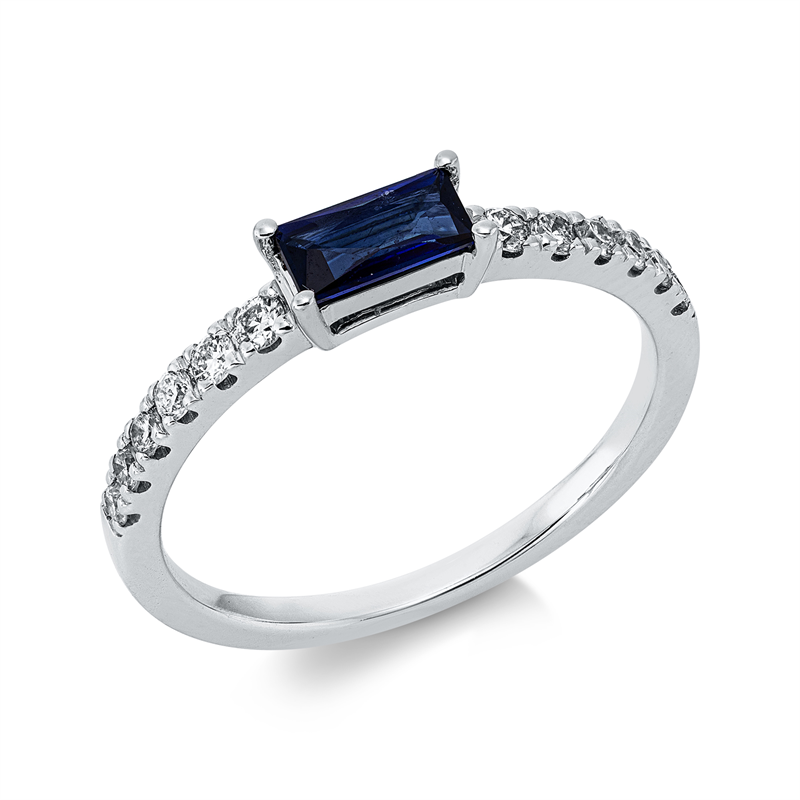 Ring 14 kt WG, 1 Saphir 0,40 ct blau, 4 Brill. 0,06 ct, 4 Brill. 0,08 ct, 2 Brill. 0,04 ct, 2 Brill. 0,05 ct, W-si