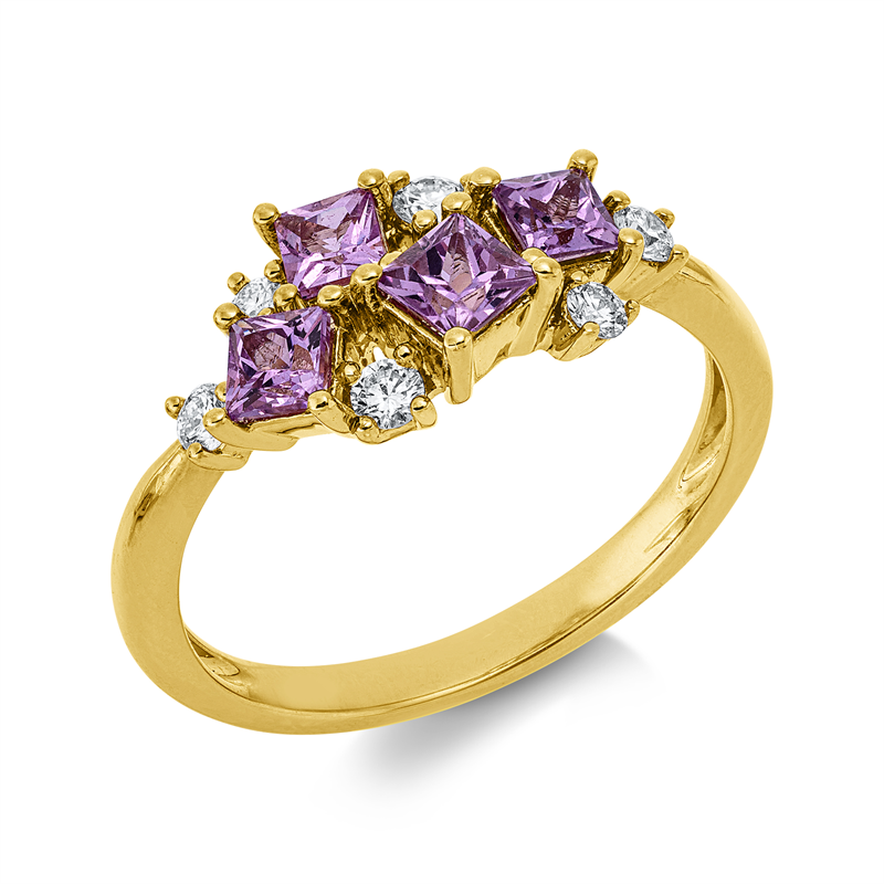 Ring 14 kt GG, 6 Brill. 0,20 ct, W-si/pi, 4 Saphire 0,88 ct pink