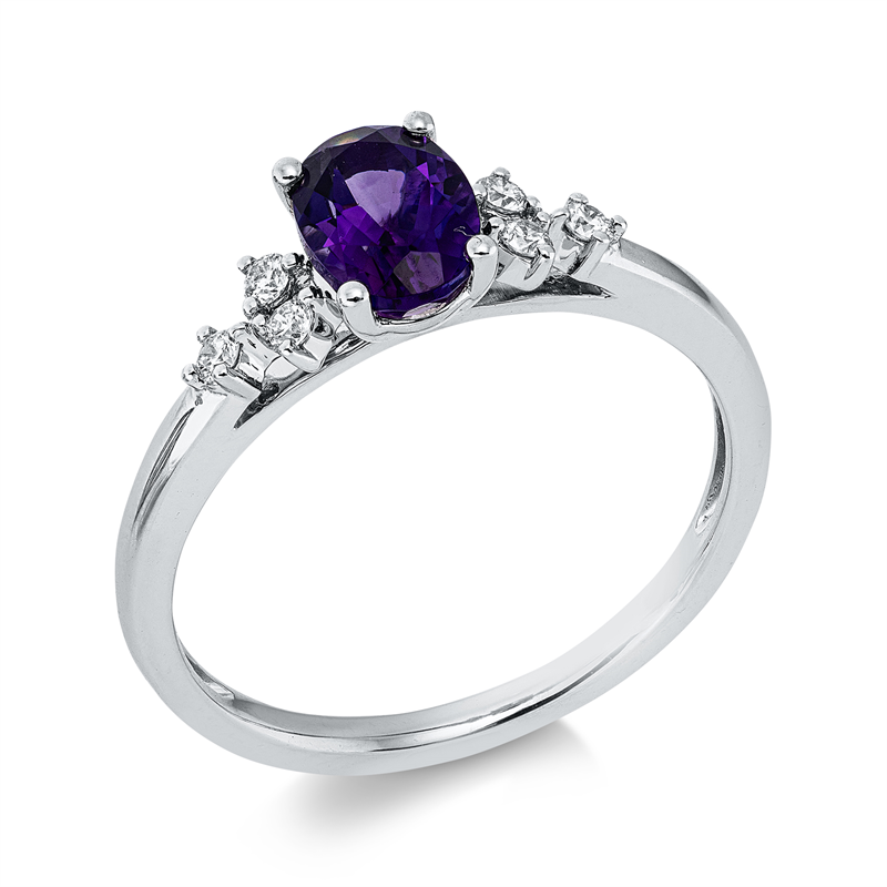 Ring 14 kt WG, 6 Brill. 0,11 ct, W-si/pi, 1 Amethyst 0,73 ct lila