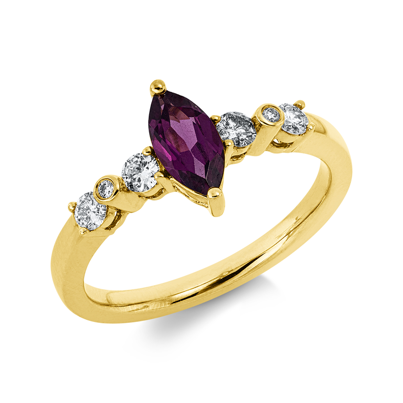 Ring 14 kt GG, 2 Brill. 0,11 ct, W-pi, 2 Brill. 0,13 ct, W-pi, 2 Brill. 0,01 ct, W-pi, 1 Rhodolith 0,66 ct rot