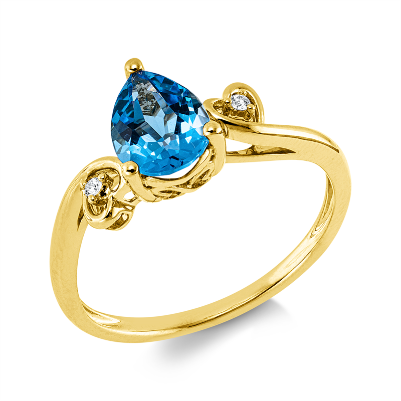 Ring 14 kt GG, 2 Brill. 0,02 ct, W-si/pi, 1 Topas 1,43 ct blau