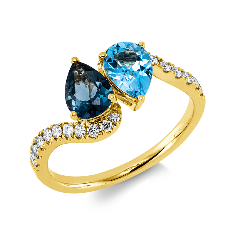 Ring 14 kt GG, 20 Brill. 0,24 ct, W-si/pi, 1 Topas 0,79 ct Lond. blue, 1 Topas 0,79 ct blau