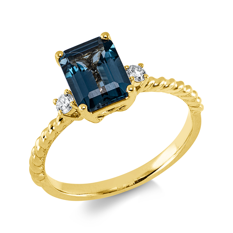 Ring 14 kt GG, 2 Brill. 0,09 ct, W-si/pi, 1 Topas 1,89 ct Lond. blue
