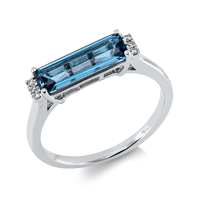 Ring 14 kt WG, 6 Brill. 0,03 ct, W-si/pi, 1 Topas 1,41 ct Lond. blue