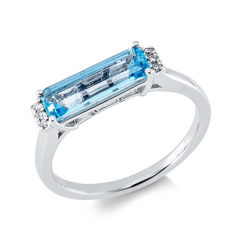Ring 14 kt WG, 6 Brill. 0,04 ct, W-si, 1 Topas 1,61 ct blau