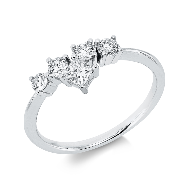 Ring 14 kt WG, 2 Brill. 0,19 ct, W-si, 1 Brill. 0,11 ct, W-si, 1 Princ. 0,19 ct, W-si, 1 Brill. 0,07 ct, W-si