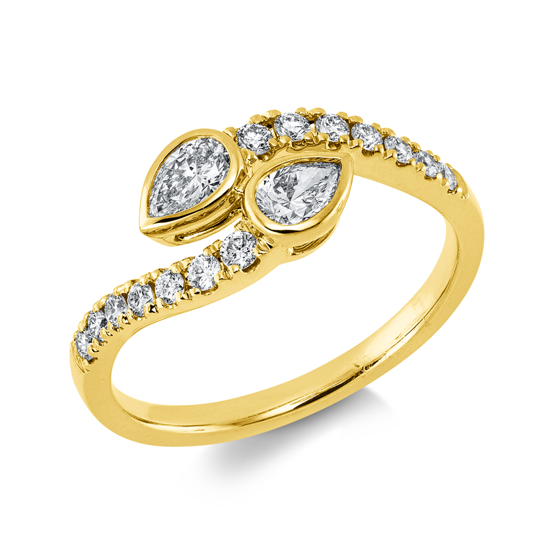 Ring 14 kt GG, 2 Tropfen 0,37 ct, W-si, 14 Brill. 0,24 ct, W-si/pi