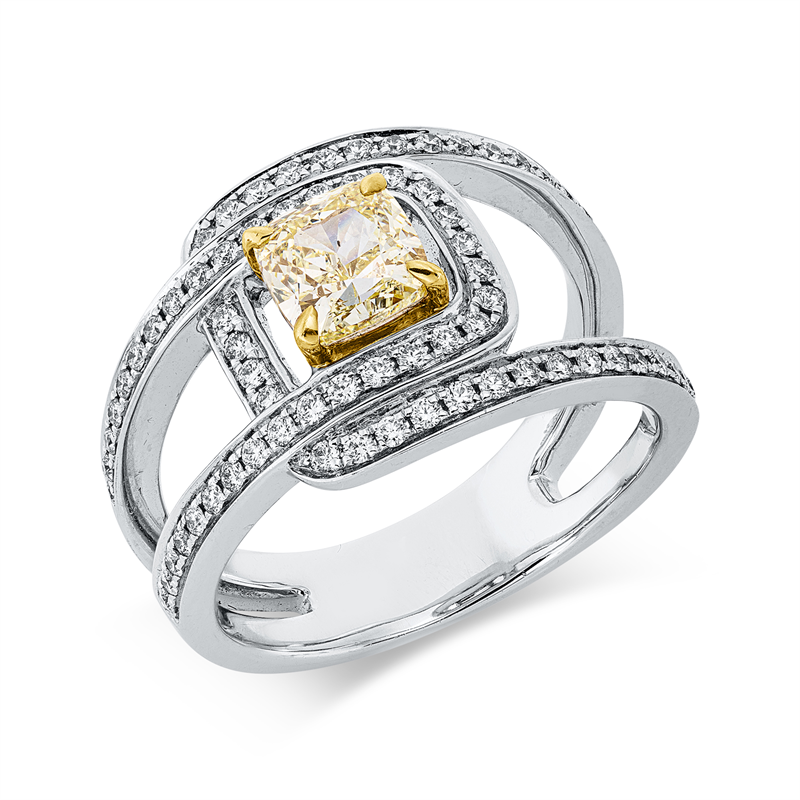 Ring 18 kt WG+GG, GIA 2287089801, 1 Cushion 1,09 ct, gelb-si, 69 Brill. 0,39 ct, F-si