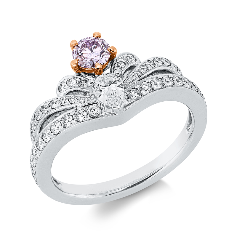 Ring 18 kt WG+RG, GIA 2215035367, 1 Tropfen 0,19 ct, 42 Brill. 0,41 ct, D/F-vsi/si,1 Brill. 0,26 ct, pink