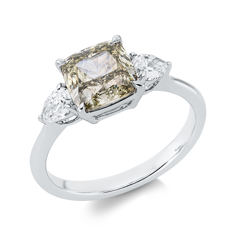 Ring 18 kt WG, 2 Tropfen 0,50 ct, D/F-si, 1 Cushion 2,30 ct, grün