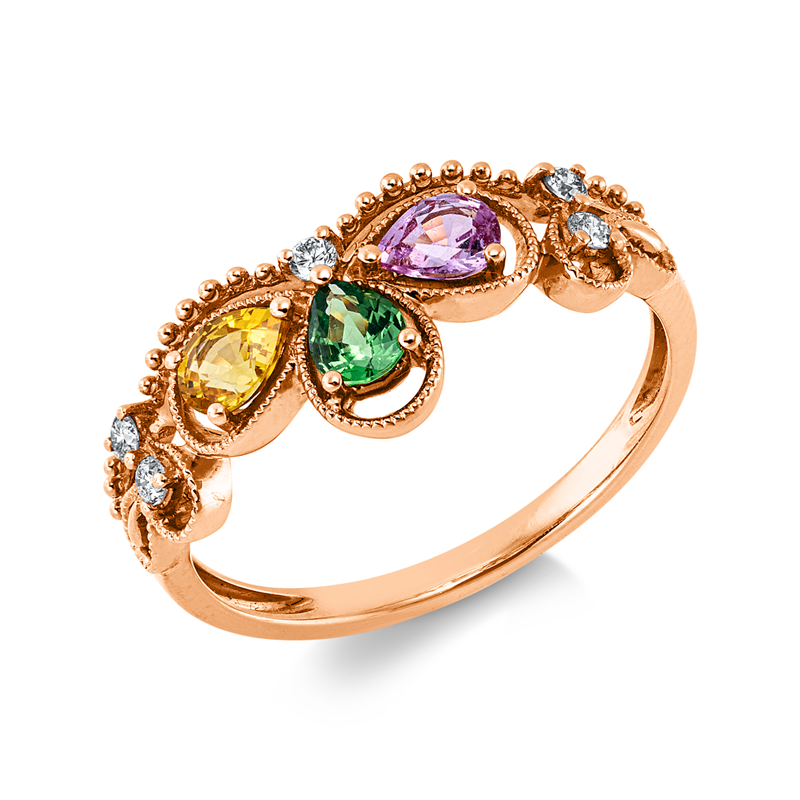 Ring 18 kt RG, 5 Brill. 0,08 ct, TW-si, 1 Saphir 0,18 ct pink, 1 Tsavorith 0,15 ct grün, 1 Saphir 0,21 ct gelb