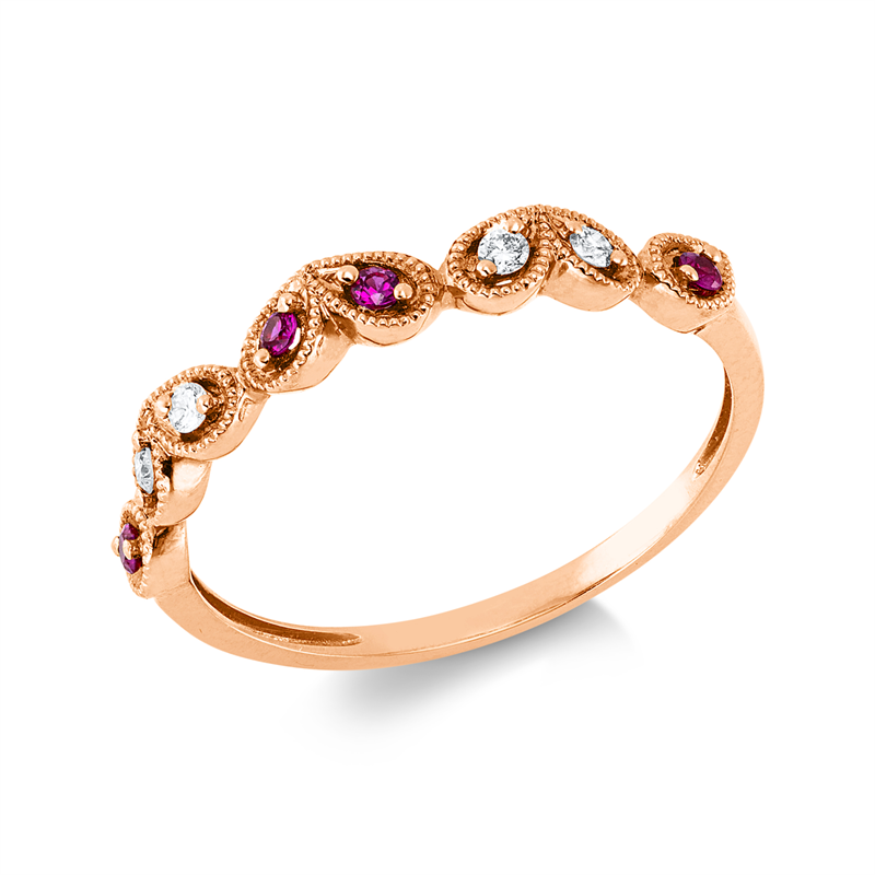 Ring 18 kt RG, 4 Brill. 0,05 ct, TW-si, 4 Rubine 0,06 ct rot