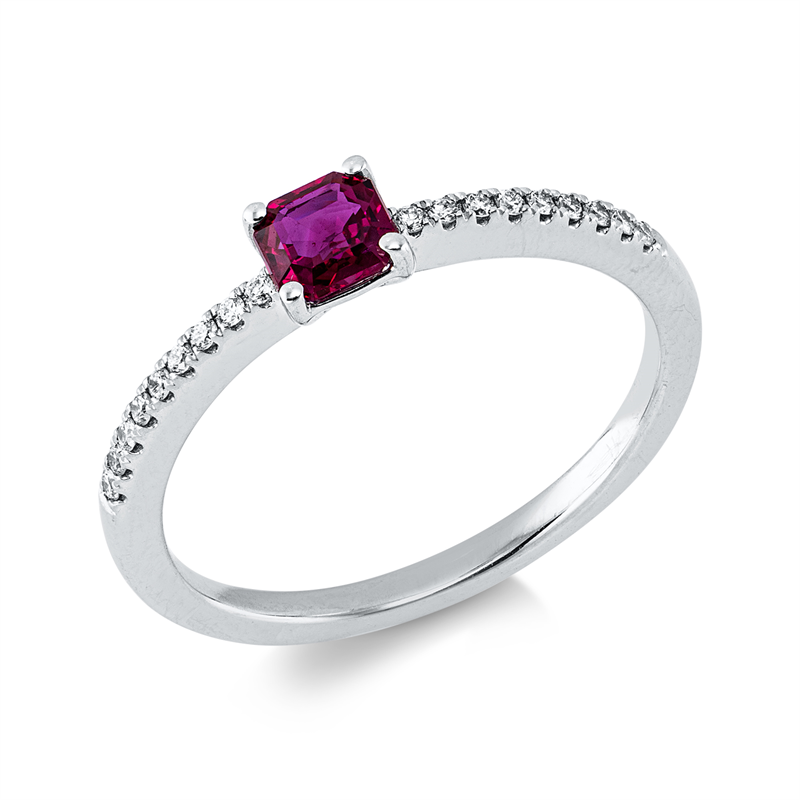 Ring 18 kt WG, 18 Brill. 0,08 ct, TW-si, 1 Rubin 0,37 ct rot