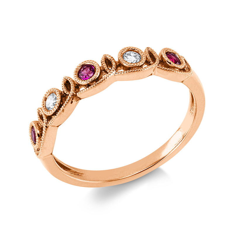 Ring 18 kt RG, 2 Brill. 0,07 ct, TW-si, 3 Rubine 0,15 ct rot