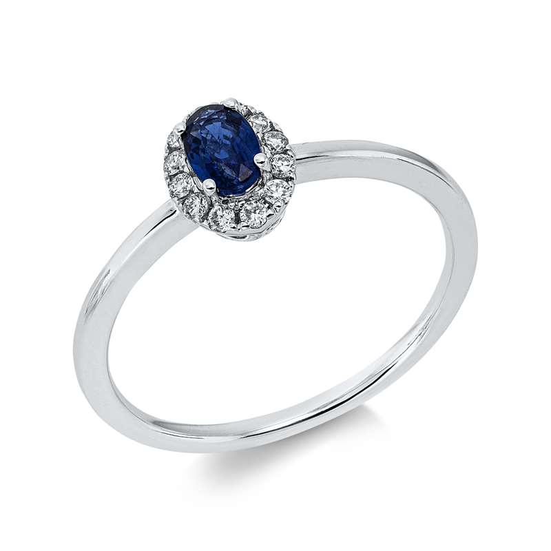 Ring 18 kt WG, 12 Brill. 0,10 ct, TW-si, 1 Saphir 0,37 ct blau