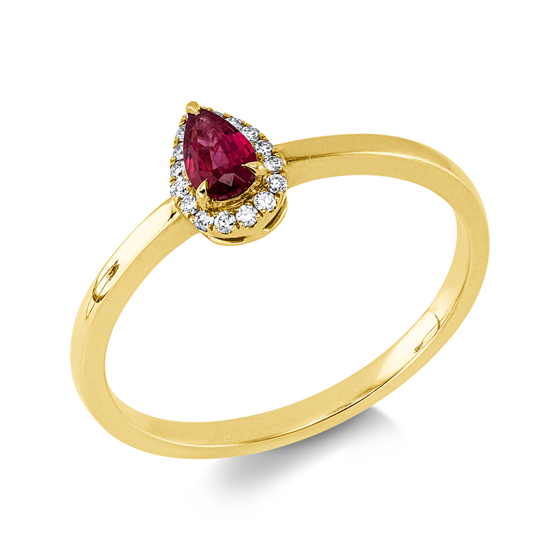 Ring 18 kt GG, 16 Brill. 0,07 ct, TW-si, 1 Rubin 0,22 ct rot