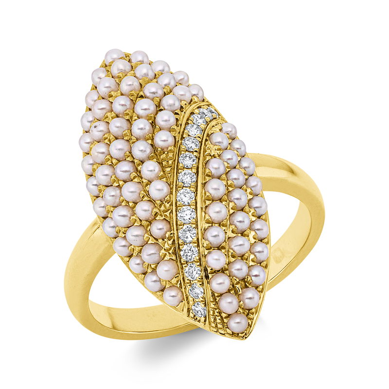 Ring 18 kt GG, 14 Brill. 0,10 ct, TW-si, 72 SW weiß