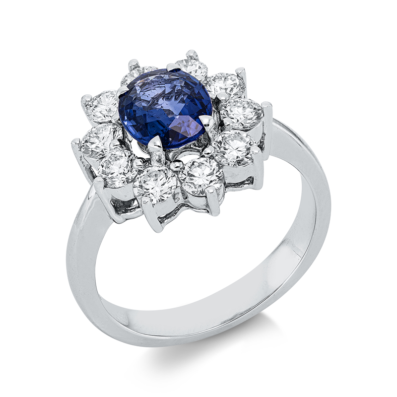 Ring 18 kt WG, 10 Brill. 1,11 ct, TW-vsi/si, 1 Saphir 1,38 ct blau