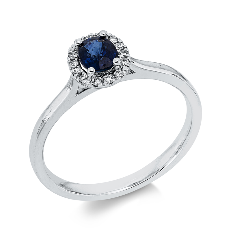 Ring 18 kt WG, 14 Brill. 0,07 ct, TW-si, 1 Saphir 0,50 ct blau