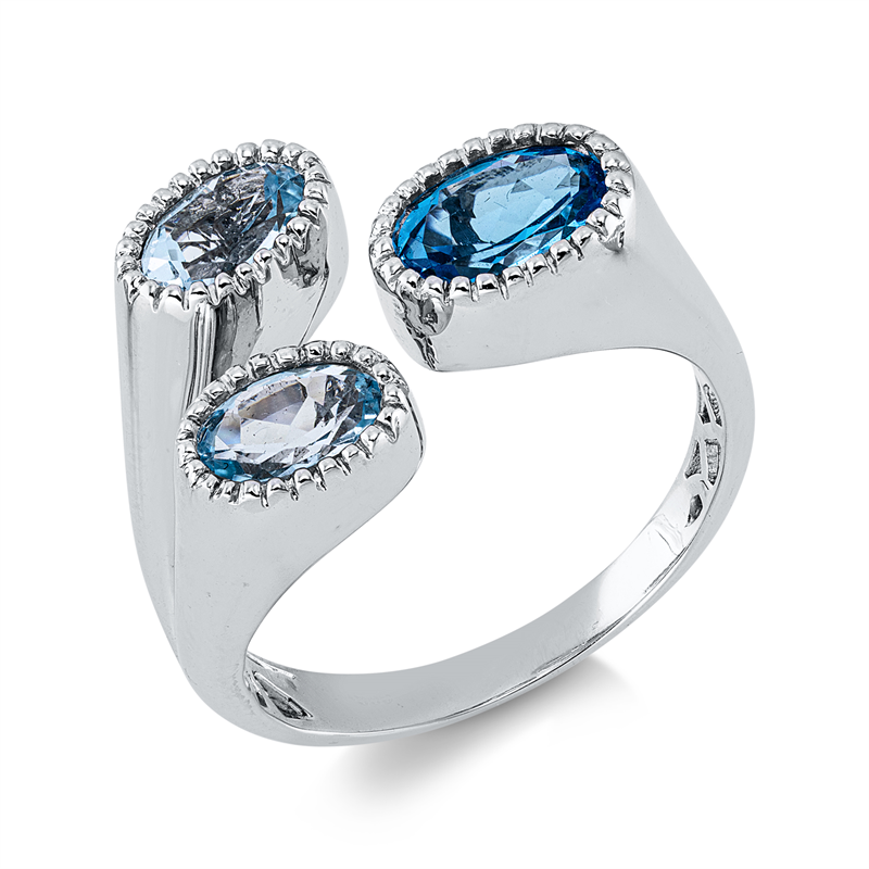 Ring 14 kt WG, 1 Topas 0,90 ct blau, 2 Topase 1,07 ct sky blue