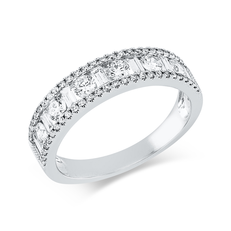 Ring 18 kt WG, 6 Brill. 0,47 ct, TW-si, 7 Bag. 0,22 ct, TW-si, 54 Brill. 0,17 ct, TW-si