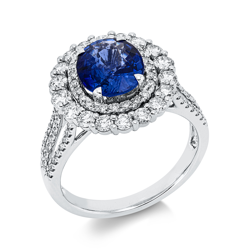 Ring 18 kt WG, 86 Brill. 0,99 ct, TW-vsi/si, 1 Saphir 2,23 ct blau