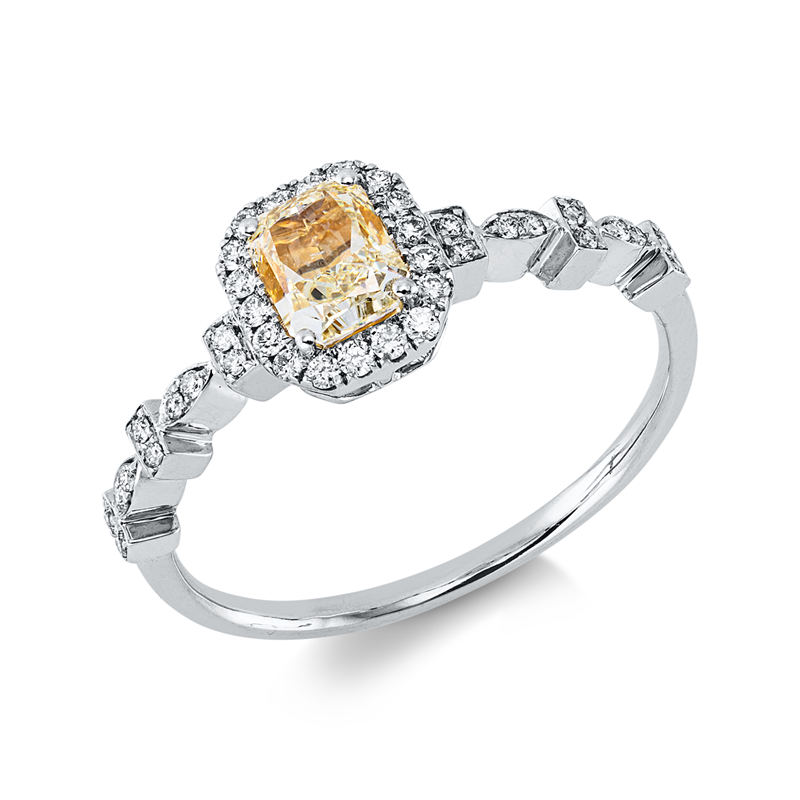 Ring 18 kt WG, 38 Brill. 0,15 ct, TW-vsi, 1 Cushion 0,61 ct, gelb
