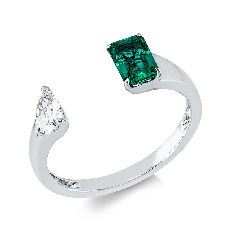 Ring 18 kt WG, 1 Tropfen 0,19 ct, TW-si, 1 Smaragd 0,62 ct grün