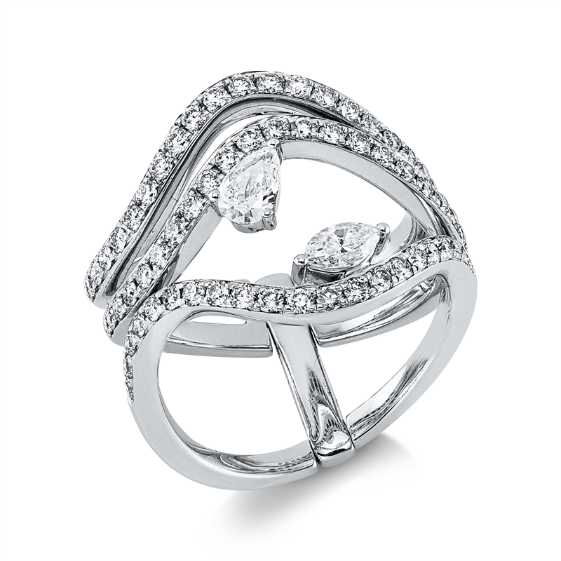 Ring 18 kt WG, 1 Tropfen 0,20 ct, TW-vsi, 1 Nav. 0,15 ct, TW-vsi, 63 Brill. 0,89 ct, TW-vsi