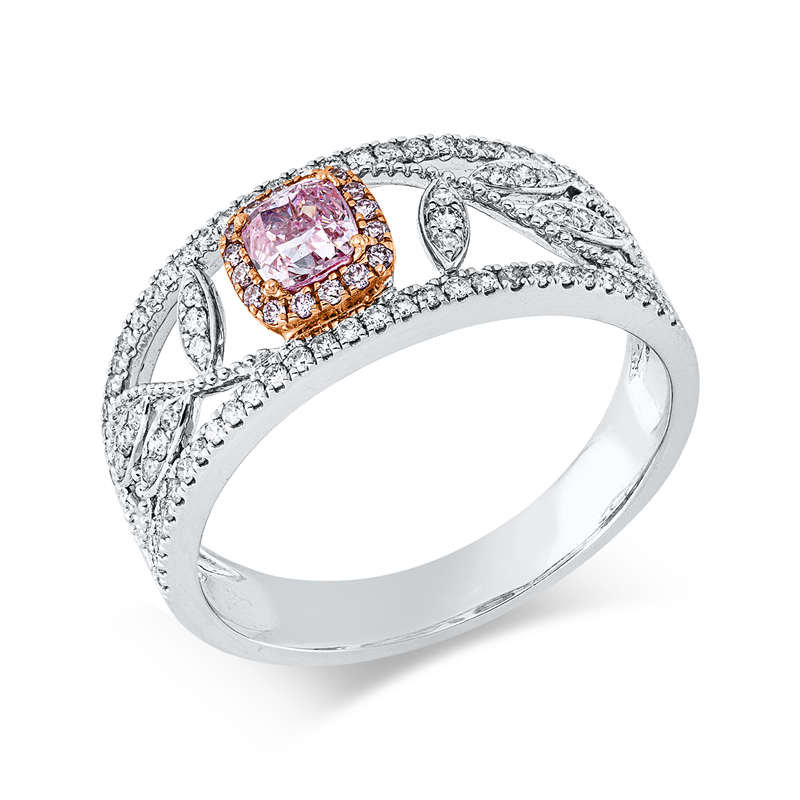 Ring 18 kt WG+RG, GIA 6395801828, 1 Cushion 0,31 ct, pink-pi, 92 Brill. 0,29 ct, TW-pi