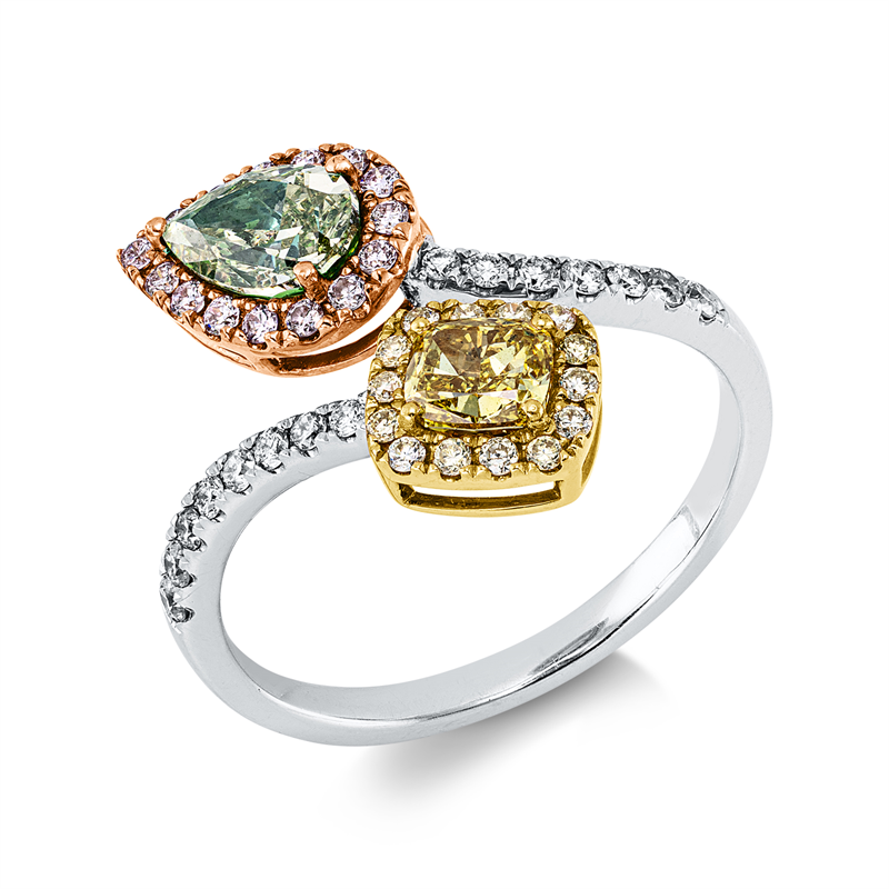 Ring 18 kt, 15 Brill.0,13ct, TW-si, 29 Brill.0,25ct, fancy, 1 Cushion 0,42ct, gelb, 1 Tropfen 0,63ct, grün