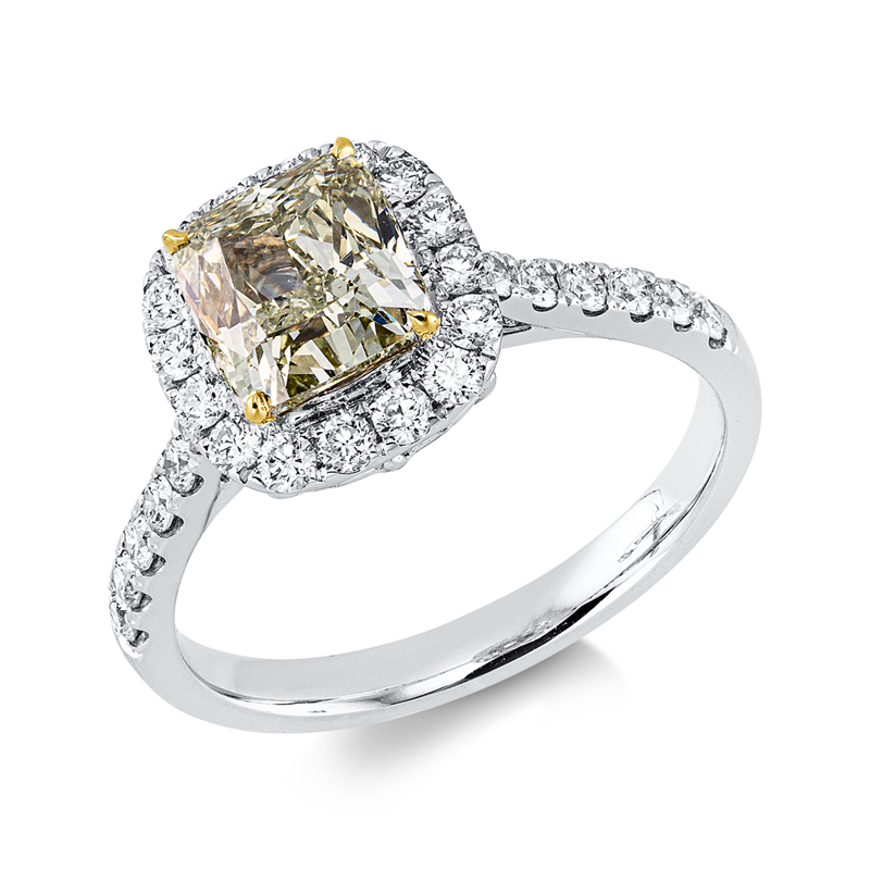 Ring 18 kt WG+GG, GIA 1149557987, 1 Cushion 1,62 ct, gelb-si2, 28 Brill. 0,55 ct, F-vsi