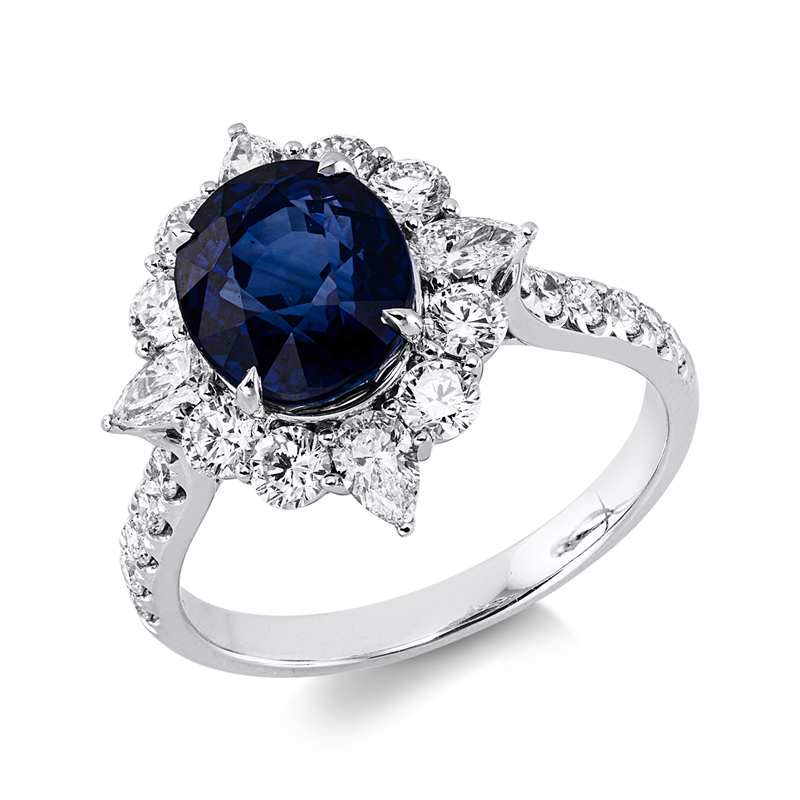 Ring 18 kt WG, 4 Tropfen 0,37 ct, W-vsi, 20 Brill. 0,86 ct, F-vsi, 1 Saphir 3,66 ct blau