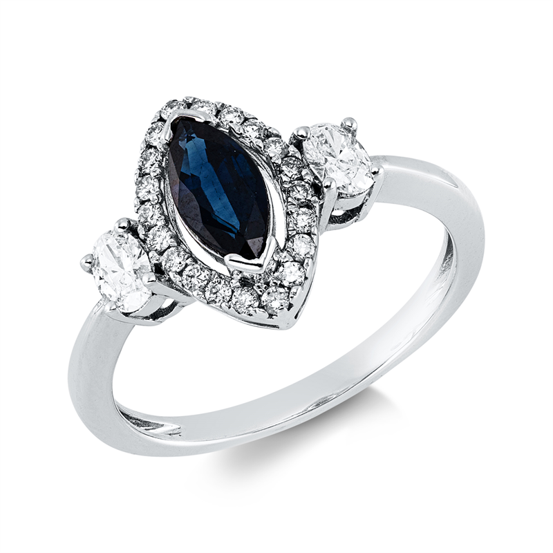 Ring 18 kt WG, 2 Oval 0,24 ct, F-si, 20 Brill. 0,15 ct, F-si, 1 Saphir 0,69 ct blau