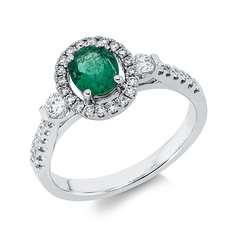 Ring 18 kt WG, 33 Brill. 0,38 ct, TW-si, 1 Smaragd 0,53 ct grün