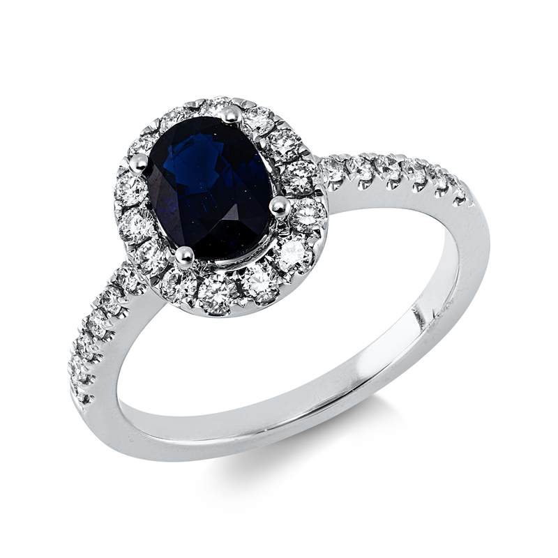 Ring 18 kt WG, 26 Brill. 0,37 ct, TW-vsi/si, 1 Saphir 0,99 ct blau