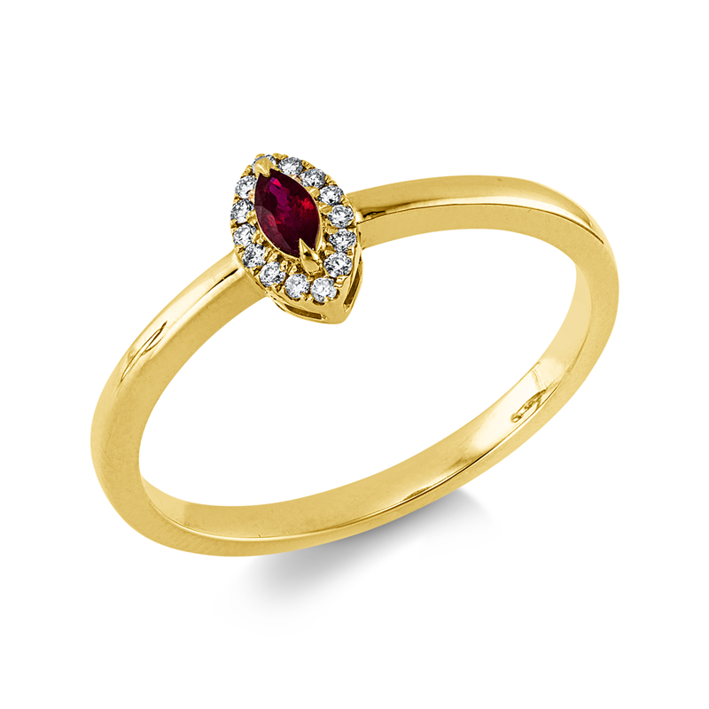 Ring 18 kt GG, 14 Brill. 0,05 ct, W-si, 1 Rubin 0,10 ct rot