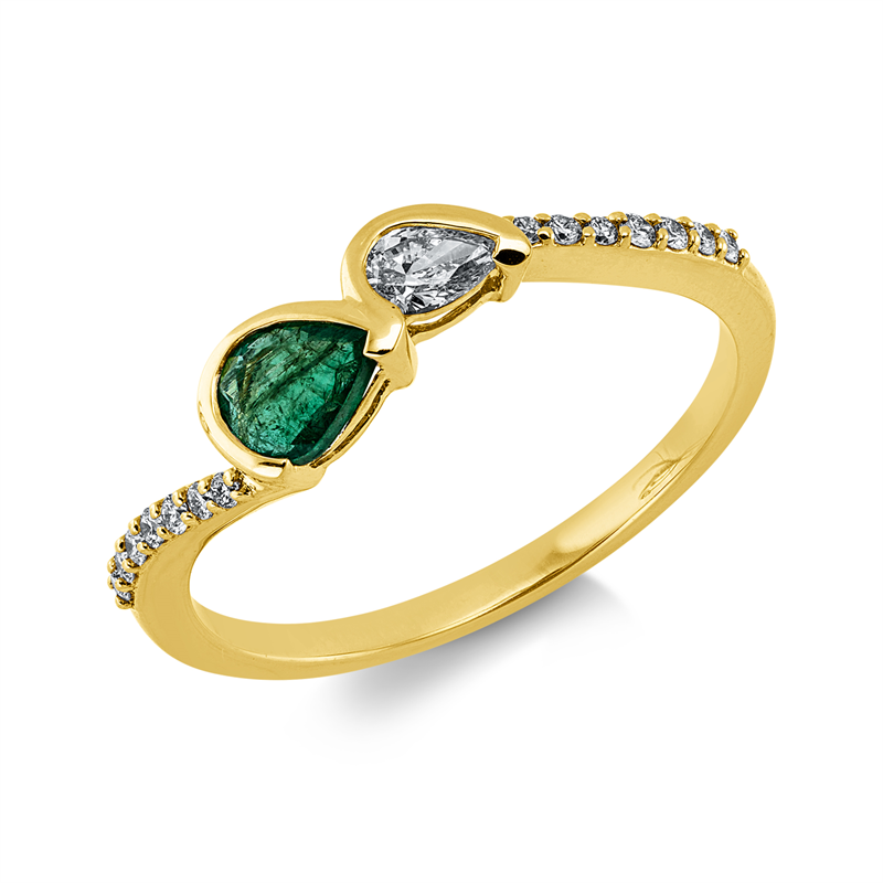 Ring 18 kt GG, 1 Tropfen 0,11 ct, TW-vsi, 14 Brill. 0,07 ct, TW-si, 1 Smaragd 0,30 ct grün