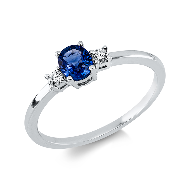 Ring 18 kt WG, 2 Brill. 0,07 ct, TW-si, 1 Saphir 0,42 ct blau
