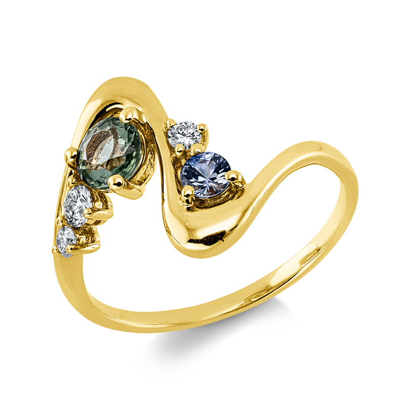 Ring 18 kt GG, 3 Brill. 0,13 ct, TW-si, 1 Saphir 0,50 ct grün, 1 Saphir 0,13 ct blau