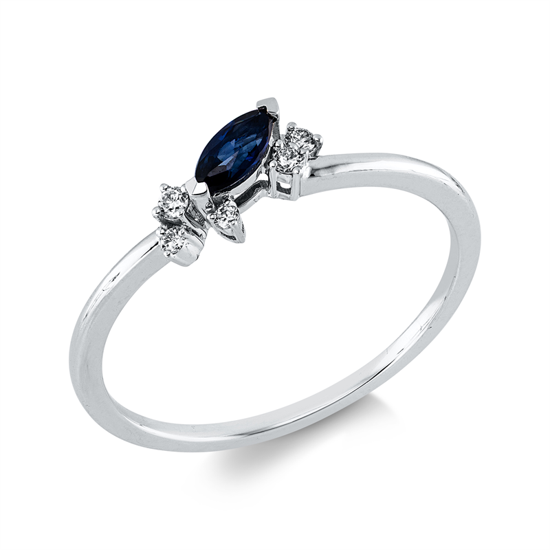 Ring 18 kt WG, 2 Brill. 0,02 ct, TW-pi, 3 Brill. 0,04 ct, TW-pi, 1 Saphir 0,18 ct blau