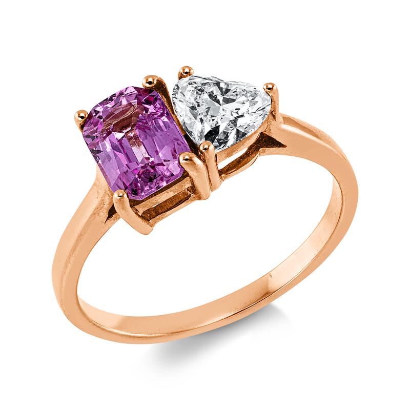 Ring 18 kt RG, 1 Herzschl. 0,51 ct, TW-si, 1 Saphir 1,00 ct pink