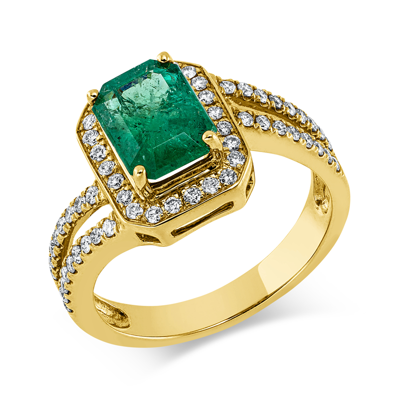 Ring 18 kt GG, 58 Brill. 0,36 ct, TW-si, 1 Smaragd 1,68 ct grün