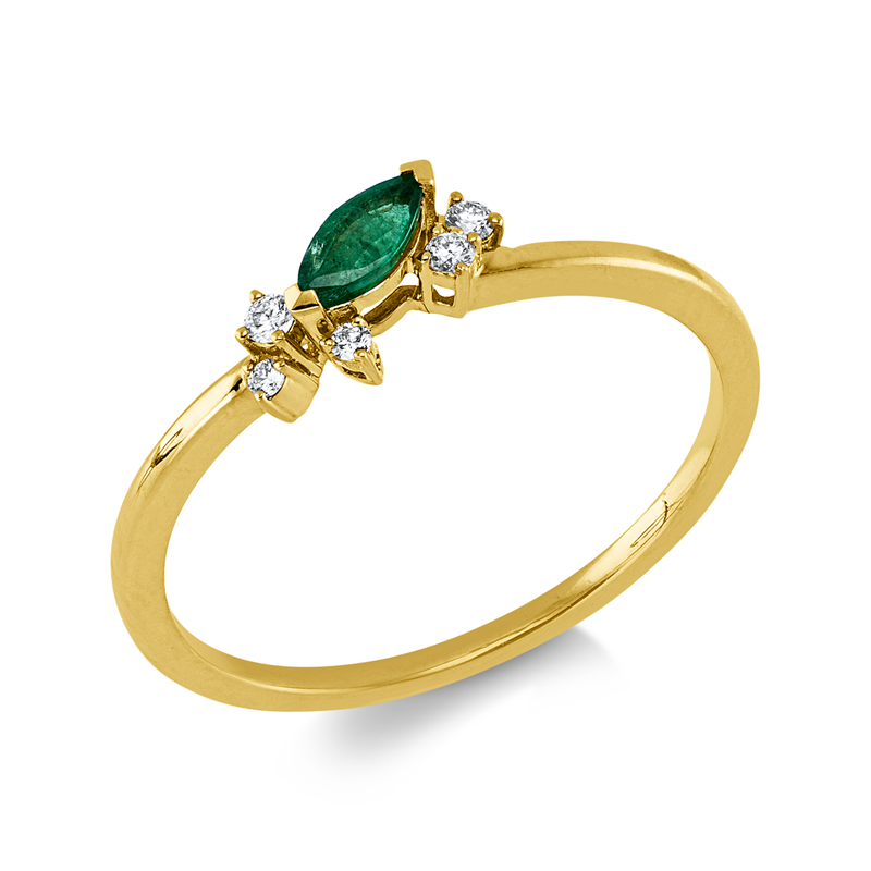 Ring 18 kt GG, 2 Brill. 0,01 ct, TW-pi, 3 Brill. 0,04 ct, TW-pi, 1 Smaragd 0,13 ct grün