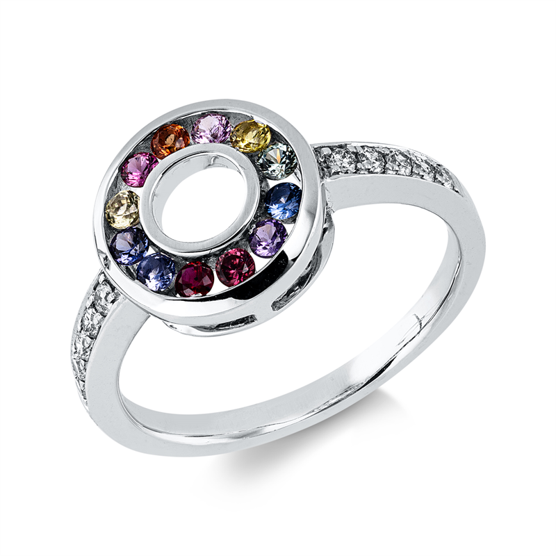 Ring 14 kt WG, 10 Brill. 0,14 ct, TW-si, 12 Farbsteine 0,36 ct multicolor
