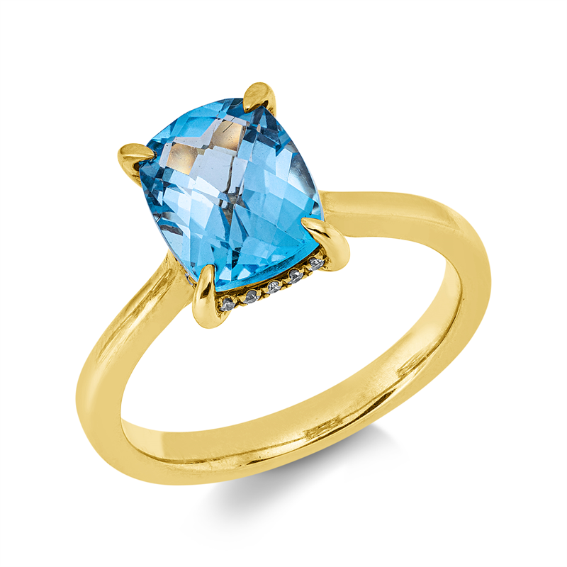 Ring 18 kt GG, 24 Brill. 0,08 ct, TW-si, 1 Topas 2,58 ct blau